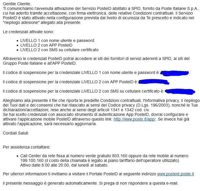 anteprima spid - La e mail di conferma delle poste dopo l'attivazione dello spid