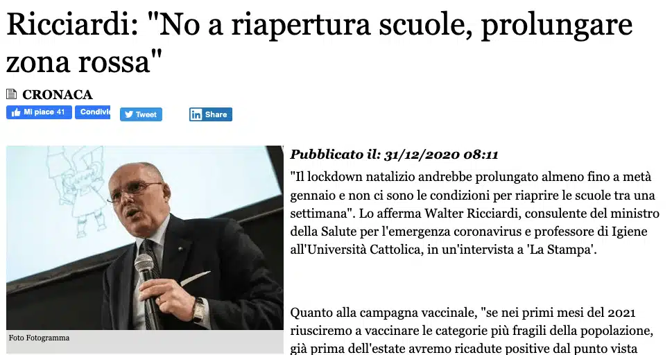 Riapertura delle scuole, c'è il NO di Ricciardi