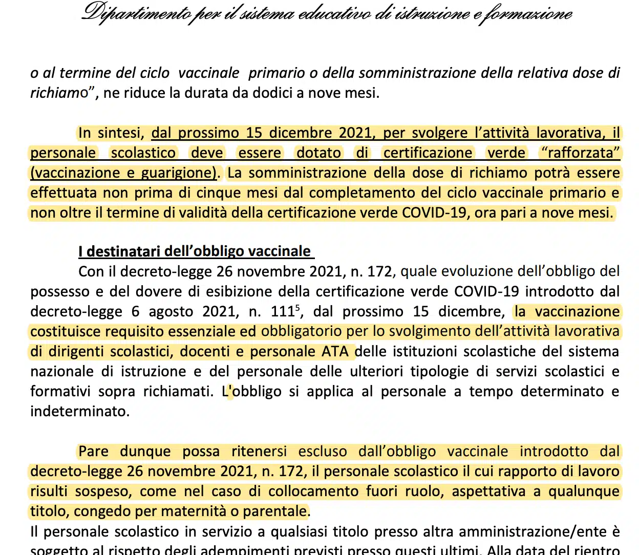 la nota ministeriare che introduce il green pass rafforzato