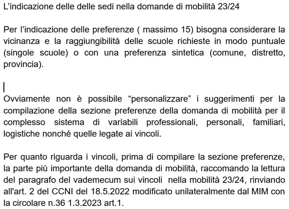 L’indicazione delle delle sedi nella domande di mobilità 2023/24