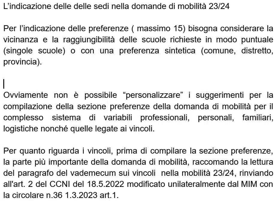 L’indicazione delle delle sedi nella domande di mobilità 2023/24